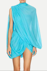 susanna Long Sleeve Fold Splice Mini Dress in blue