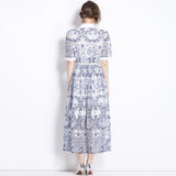 V NECK SPLICED BELTS EMBROIDERY MIDI DRESS IN BLUE