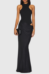 Ilya Asymmetrical Cutout Satin Maxi Dress in Black