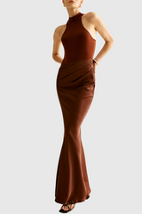 Ilya Asymmetrical Cutout Satin Maxi Dress in Brown
