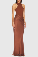 Ilya Asymmetrical Cutout Satin Maxi Dress in Brown