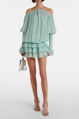 Halter Pleated Ruffle Mini Dress in green