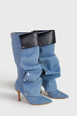 Isabela Appliqué Ruched Denim Knee-high boots - Blue