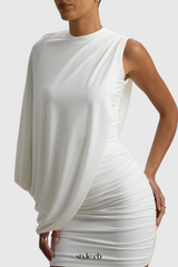 zenobia Asymmetric Shawl One Shoulder Ruched Mini Dress in White