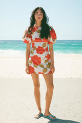 multicolor Printed puff-sleeve crinkled linen mini dress