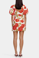 multicolor Printed puff-sleeve crinkled linen mini dress