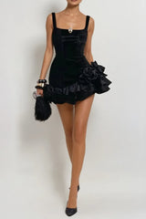 renata square neck flower velvet mini dress in black