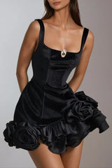 renata square neck flower velvet mini dress in black