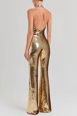 nora gold Sequin halterneck deep V high waist flared jumpsuit