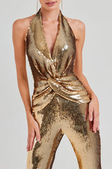 nora gold Sequin halterneck deep V high waist flared jumpsuit