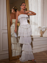 STRAPLESS RUCHED MESH MAXI DRESS IN WHITE