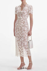 Crystal Bow Detailed V Neck Lace Midi Design Dress