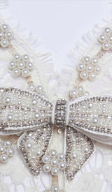 Crystal Bow Detailed V Neck Lace Midi Design Dress