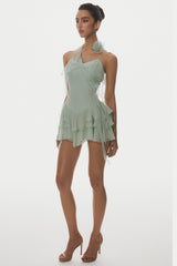 Kyrie Halter Floral Ruffle Mini Dress - Green