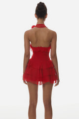 Kyrie Halter Floral Ruffle Mini Dress - Red