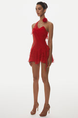 Kyrie Halter Floral Ruffle Mini Dress - Red