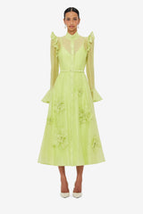 3d flower Butterfly Sleeve Midi Dress - Chartreuse
