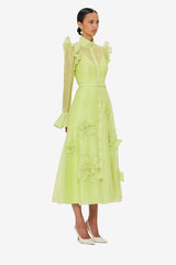3d flower Butterfly Sleeve Midi Dress - Chartreuse
