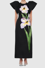 Iris Print Appliqué Floral Maxi Dress in Ebony