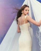 atalanta embellished flared midi dress in cream-white