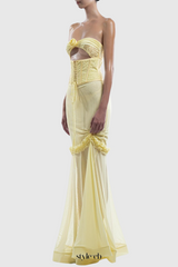 Mesh Cutout Corset Maxi Dress - Yellow