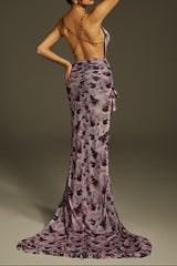 ashley Backless Printed High Low maxi Dress in purple