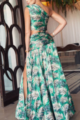 One Shoulder Leave Print Two Piece Set