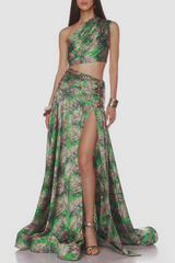 One Shoulder Leave Print Two Piece Set