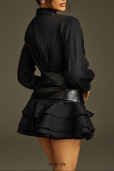 mandy Collar Ruched Ruffle Mini Dress in black