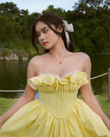 ruffle corset puffy maxi dress in yellow