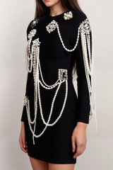 Long Sleeve Diamond Pearls Dress - Black