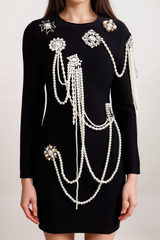 Long Sleeve Diamond Pearls Dress - Black