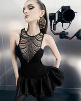 jessica sequin tulle ruched hem mini dress in black