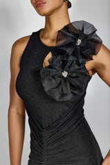 nicola Flower bow pleated bodycon maxi dress in black