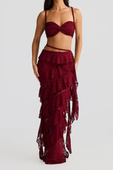 crafted rope crop top lace skirt set in burgundy