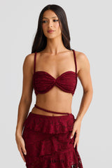 crafted rope crop top lace skirt set in burgundy