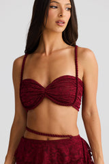 crafted rope crop top lace skirt set in burgundy