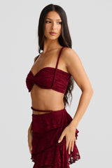 crafted rope crop top lace skirt set in burgundy