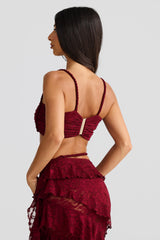 crafted rope crop top lace skirt set in burgundy