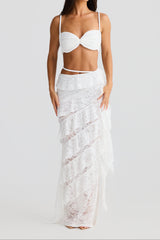 crafted rope crop top lace skirt set in white