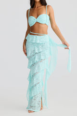 crafted rope crop top lace skirt set in pale blue