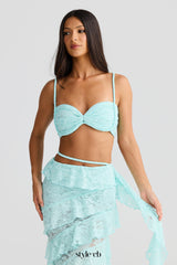 crafted rope crop top lace skirt set in pale blue