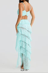 crafted rope crop top lace skirt set in pale blue