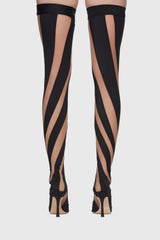 Maeve Stripe Mesh Sock Thigh-high Boots - Black