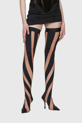 Maeve Stripe Mesh Sock Thigh-high Boots - Black