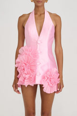 Magezi Satin Floral Halter Mini Dress