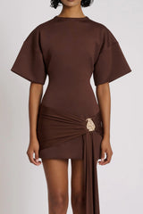 Draped Embellished Mini Dress - Brown