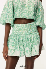 OFF-SHOULDER FLORAL PRINT MINI SKIRT SET IN GREEN