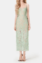 MINT BEADED LACE PENCIL MIDI DRESS