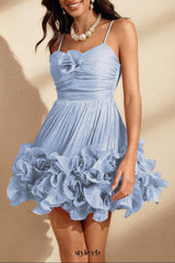 diana Spaghetti Flower Ruffle Mini Dress In Blue
